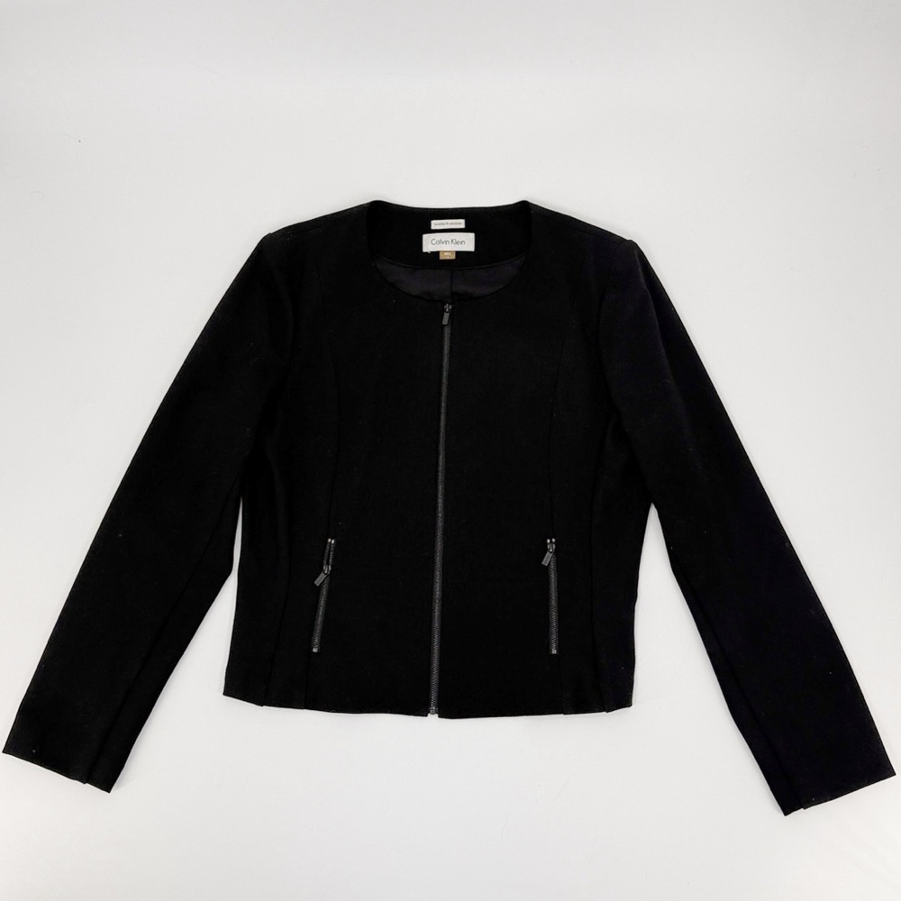 Calvin Klein Womens Black Zip Front Jacket Stretch Tailored Size 16 Workwear